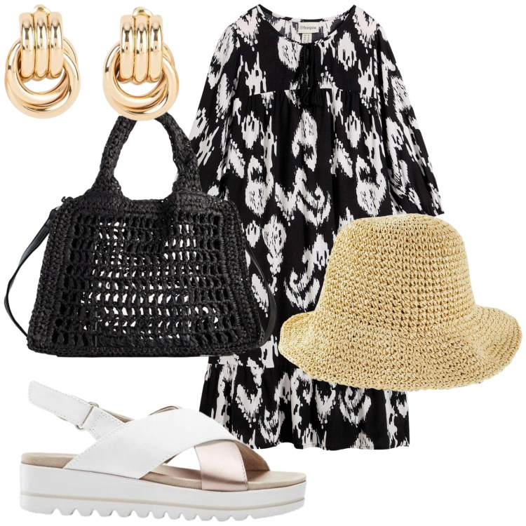 Outfit donna - bonprix - Boho Spring Vibes. Stile Boho per Tutti i giorni. Abbinamento con vestiti, cappelli, orecchini, borse a tracolla, sandali.