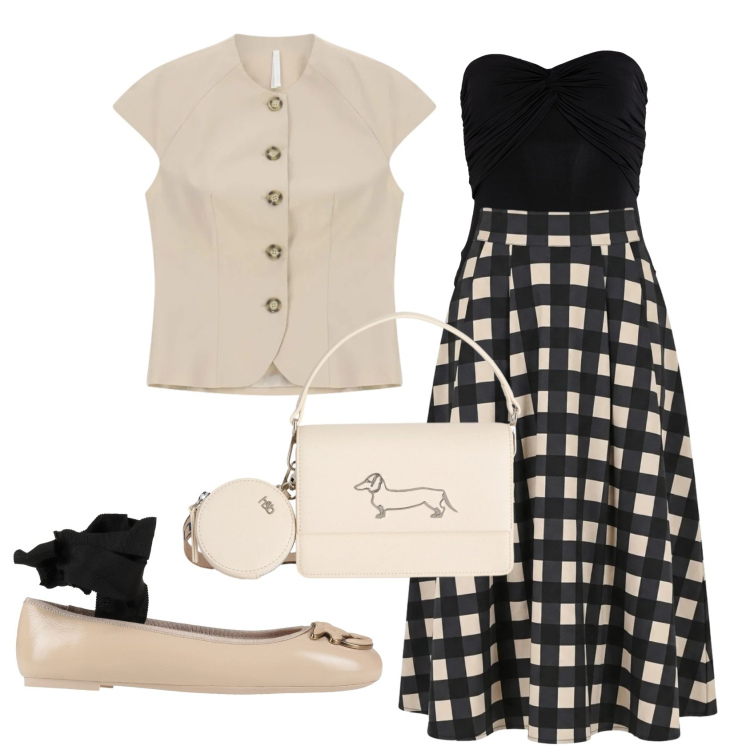Outfit donna - Total look #2390571. Stile Bon Ton per Tutti i giorni. Abbinamento con ballerine, body, gilet, gonne longuette, borse a tracolla.