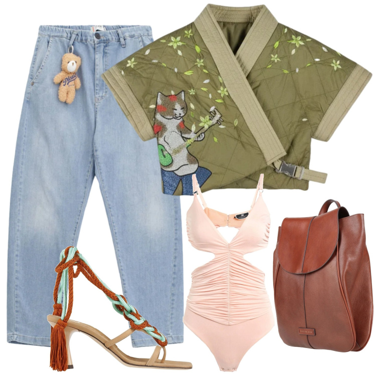 Outfit donna - Casual chic. Stile Casual chic per Tutti i giorni. Abbinamento con jeans, kimono, body, ciabatte, zaini.