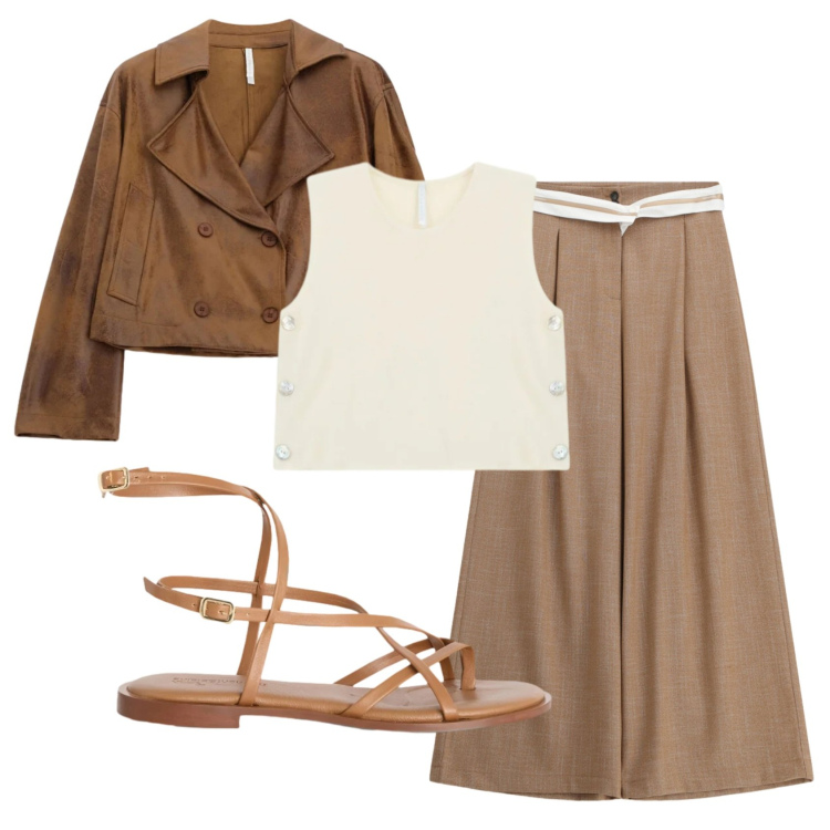 Outfit donna - Total look #2390574. Stile Minimal per Tutti i giorni. Abbinamento con giacche, top, pantaloni a palazzo, sandali in pelle.