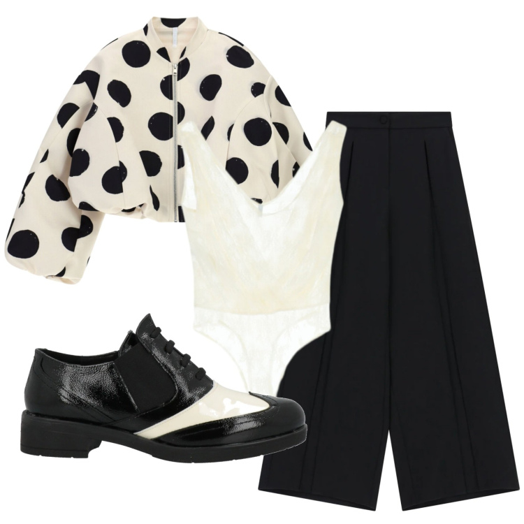 Outfit donna - Total look #2390580. Stile Vintage retrò per Serata fuori. Abbinamento con scarpe stringate, top, bomber, pantaloni a palazzo.