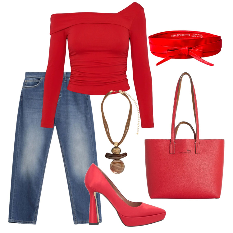 Outfit donna - Rosso fuoco. Stile Casual chic per Serata fuori. Abbinamento con décolleté, cinture, t-shirt, ciondoli, jeans dritti, shopping bag.