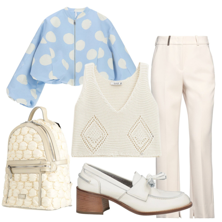 Outfit donna - Total look #2390583. Stile Vintage retrò per Ufficio. Abbinamento con mocassini, zaini, pantaloni, top, bomber.