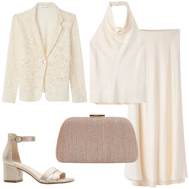Outfit donna - Elegante Pizzo Avorio e Oro. Stile Chic per Cerimonia. Abbinamento con sandali col tacco, gonne lunghe, canottiere, blazer, pochette.