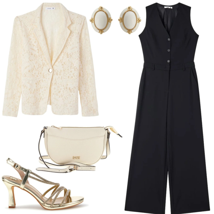 Outfit donna - Il Bianco Antico mixato all\' oro & nero. Stile Bon Ton per Cerimonia. Abbinamento con blazer, tute, orecchini, sandali col tacco, borse a tracolla.