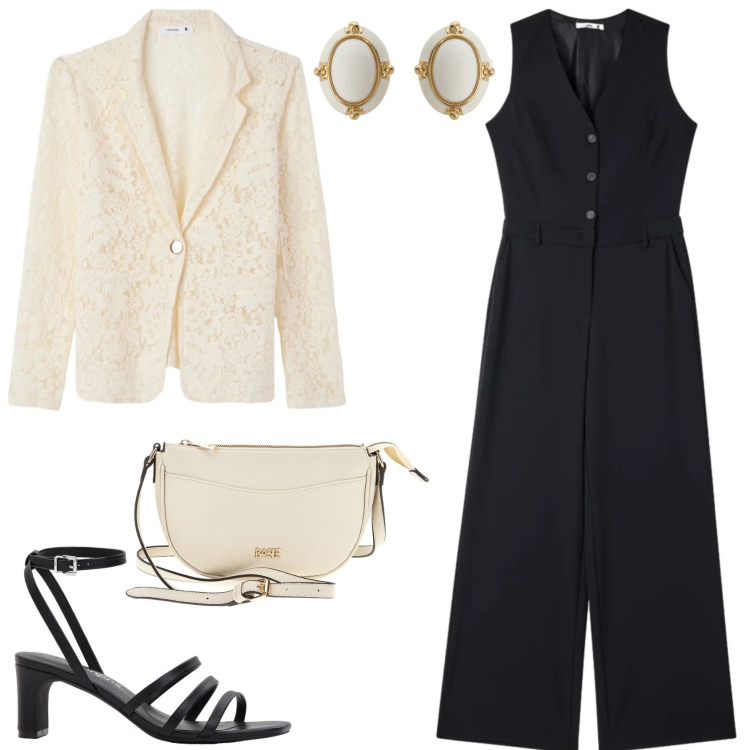 Outfit donna - Invito a teatro. Stile Vintage retrò per Cerimonia. Abbinamento con sandali col tacco, blazer, tute, orecchini, borse a tracolla.