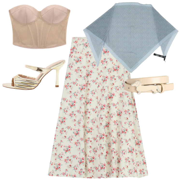 Outfit donna - Romantica primavera. Stile Romantica per Serata fuori. Abbinamento con cinture, gonne lunghe, top, sabot, stole.