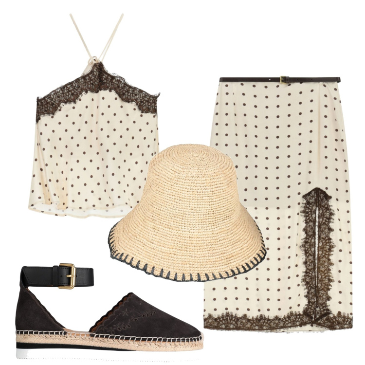 Outfit donna - Total look #2390589. Stile Boho per Tutti i giorni. Abbinamento con cappelli con visiera, espadrillas, gonne lunghe, top.