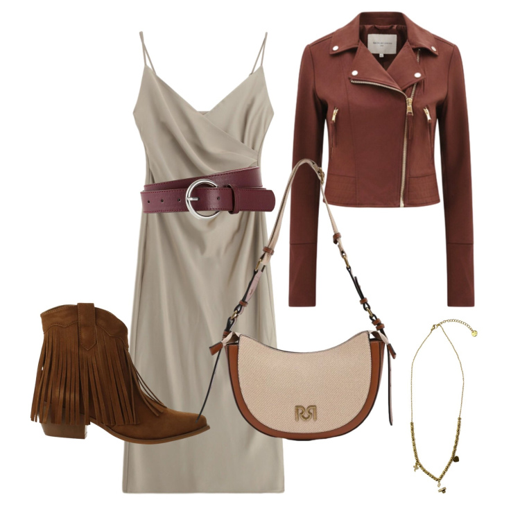 Outfit donna - Aprile. Stile Trendy per Tutti i giorni. Abbinamento con cinture, stivaletti texani, vestiti midi/longuette, borse a tracolla, giacche, ciondoli.