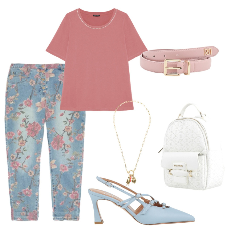 Outfit donna - Total look #2390592. Stile Casual chic per Scuola/Università. Abbinamento con zaini, décolleté, t-shirt, cinture, jeans, ciondoli.