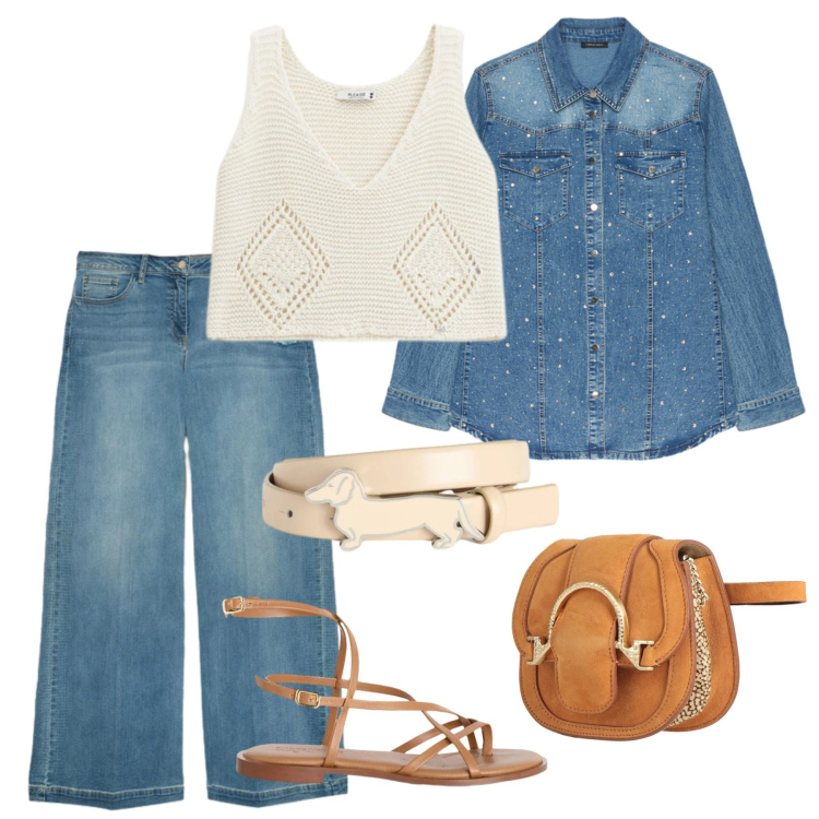 Outfit donna - Denim in primavera. Stile Casual per Scuola/Università. Abbinamento con marsupi, jeans, camicie, top, sandali in pelle, cinture.