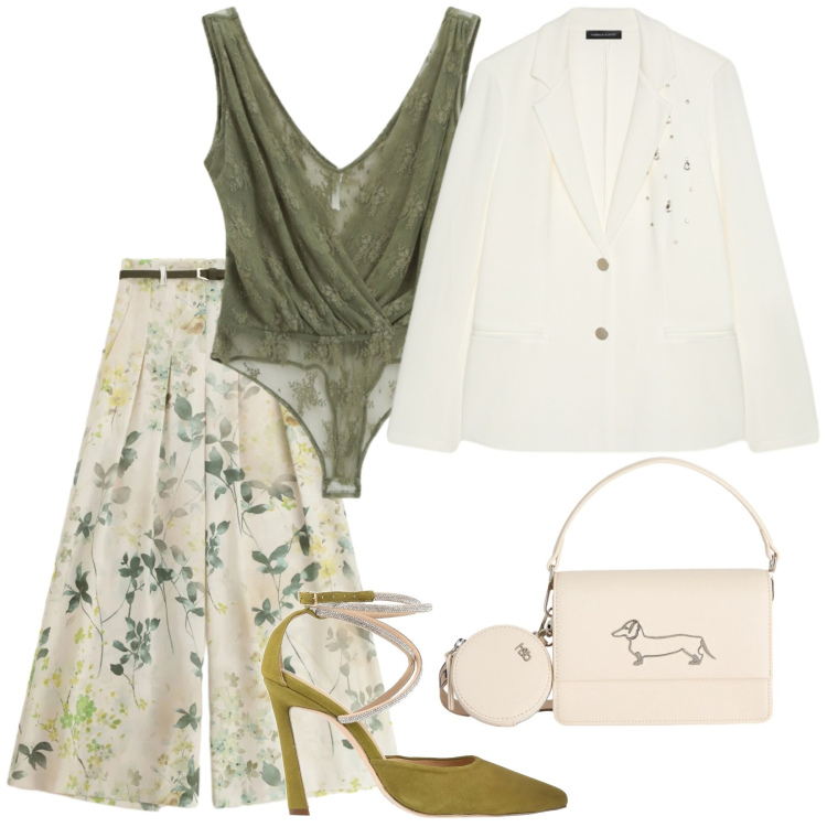 Outfit donna - Cerimonia. Stile Chic per Cerimonia. Abbinamento con décolleté, pantaloni a palazzo, top, blazer, borse a tracolla.