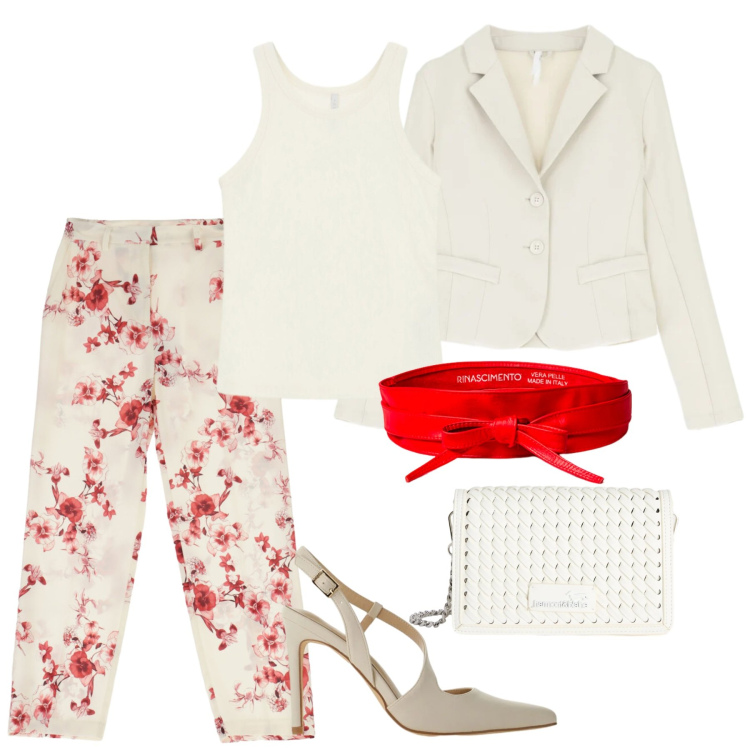 Outfit donna - Fiori rosa, fiori di pesco. Stile Chic per Ufficio. Abbinamento con pantaloni, blazer, décolleté, top, cinture, borse a tracolla.