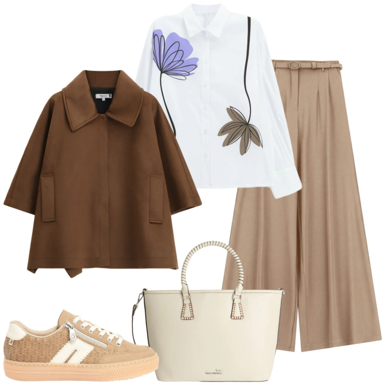 Outfit donna - Casual tutti i giorni. Stile Casual per Tutti i giorni. Abbinamento con sneakers, cappotti, shopping bag, pantaloni a palazzo, camicie.