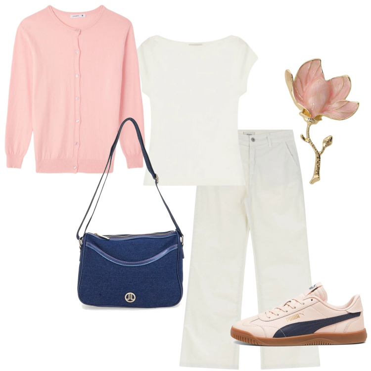 Outfit donna - Armocromia primavera. Stile Casual chic per Tutti i giorni. Abbinamento con cardigans, jeans, blazer, top, sneakers, borse a tracolla.
