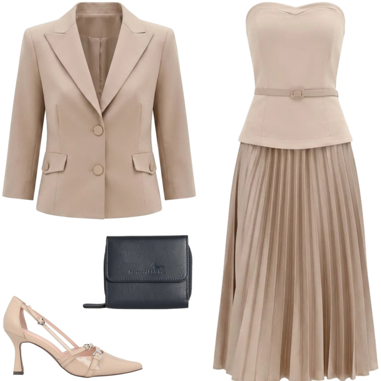 Outfit donna - Il completo per una cerimonia. Stile Chic per Cerimonia. Abbinamento con décolleté, vestiti midi/longuette, blazer, portafogli.