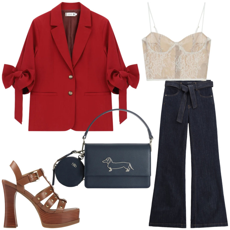 Outfit donna - Serata fuori. Stile Trendy per Serata fuori. Abbinamento con sandali in pelle, canottiere, jeans a zampa, blazer, borse a tracolla.