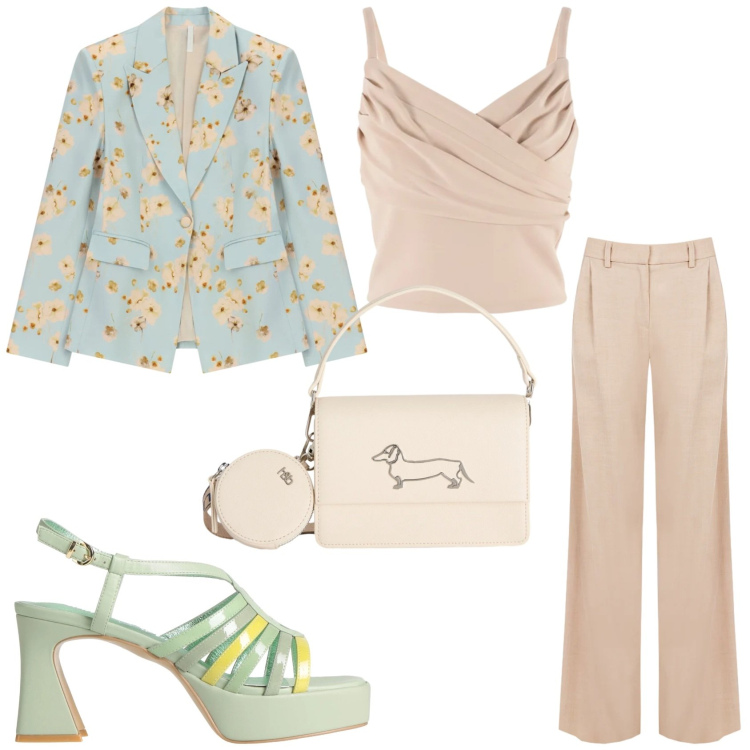 Outfit donna - Un outfit per la primavera. Stile Glamour per Cerimonia. Abbinamento con sandali in pelle, blazer, pantaloni a palazzo, canottiere, borse a tracolla.