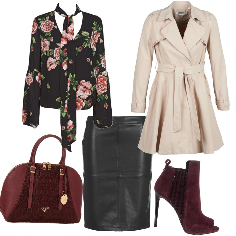 Outfit donna - Carnevale a Venezia. Stile Chic Abbinamento con trench multicolore, gonna nero, top con foulard e scollo, tronchetti open toe bordeaux, borsa a mano con stampa e zip con logo bordeaux.