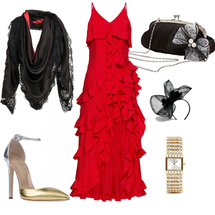 Outfit donna - A Carnevale... puoi osare!. Stile Sexy per Cerimonia. Abbinamento con pantaloni, stola con pizzo tinta unita, décolleté fantasia effetto laminato con tacco spillo e cinturino a punta, orologio con cinturino in denim con perle, cerchietto fantasia a rete vivace, pochette nero.