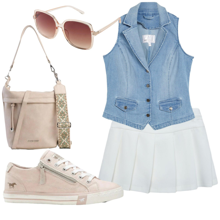 Outfit donna - Denim Breeze & Soft Elegance. Stile Casual chic per Tutti i giorni. Abbinamento con occhiali da sole, gilet, borse a tracolla, sneakers, minigonne, maglieria.