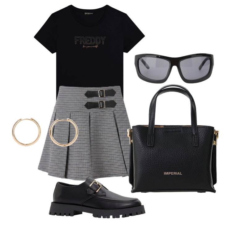 Outfit donna - Aprile. Stile Preppy per Scuola/Università. Abbinamento con mocassini, orecchini, minigonne, occhiali da sole, borse a tracolla, t-shirt.