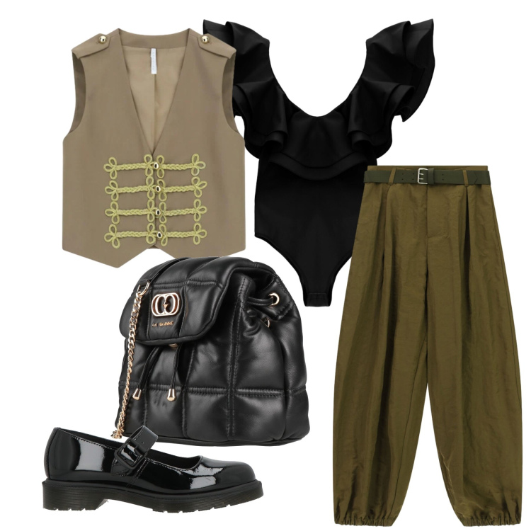 Outfit donna - Aprile. Stile Trendy per Tutti i giorni. Abbinamento con décolleté, valigie, pantaloni, gilet, top.