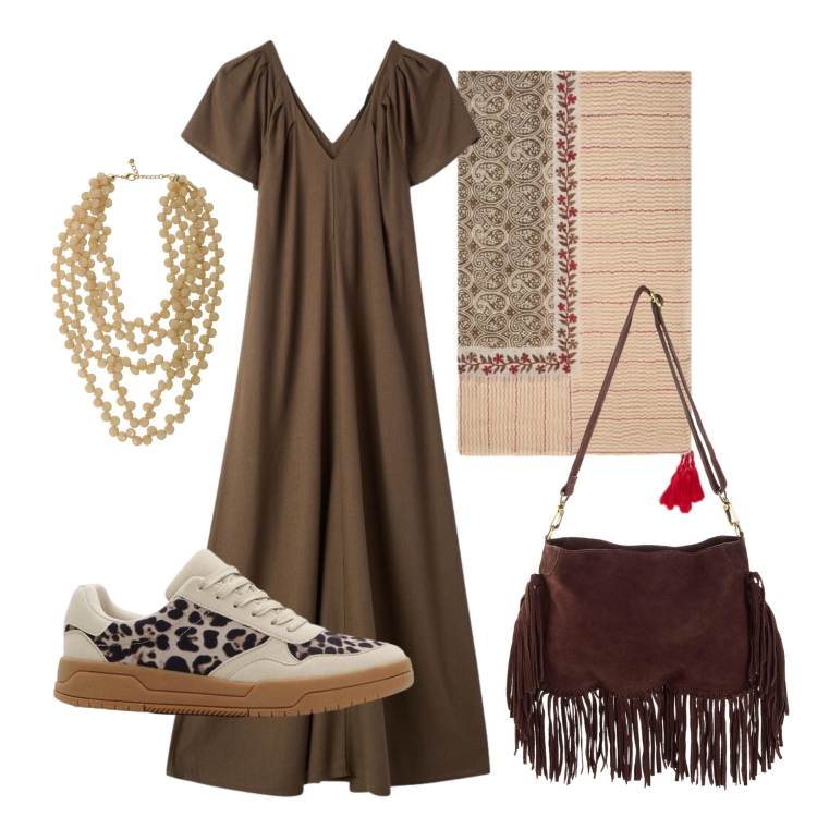 Outfit donna - Aprile. Stile Boho per Tutti i giorni. Abbinamento con borse a tracolla, sneakers, vestiti lunghi, collane, sciarpe.