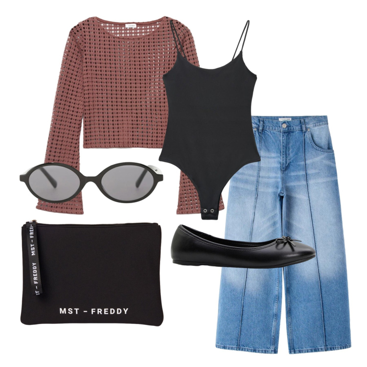 Outfit donna - Aprile. Stile Basic per Tutti i giorni. Abbinamento con ballerine, maglieria, jeans, top, occhiali da sole, pochette.