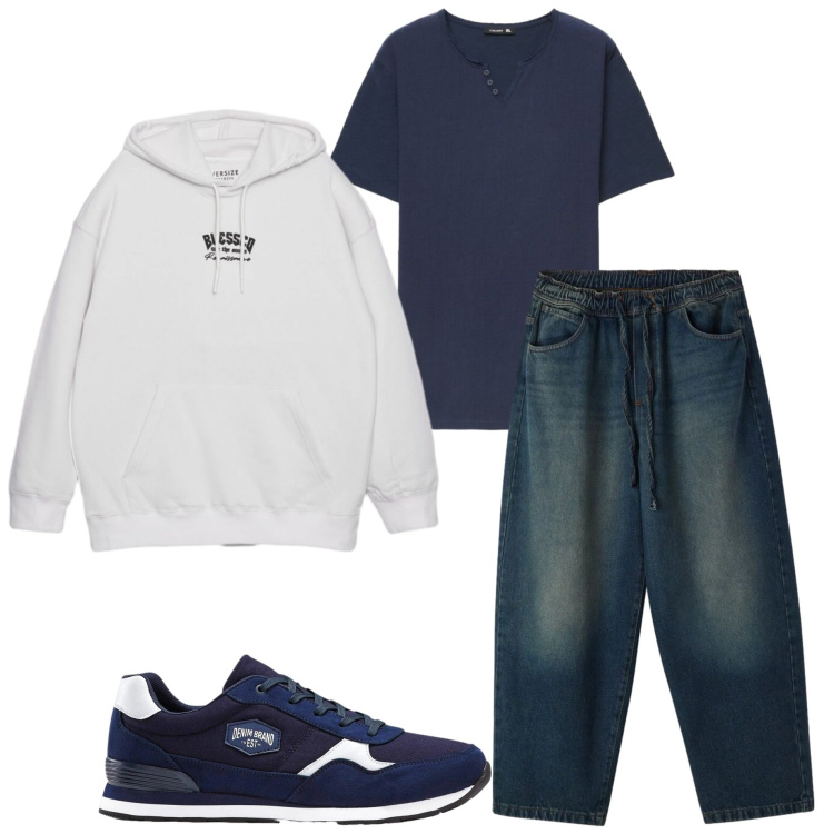Outfit uomo - Con gli amici. Stile Casual per Serata speciale. Abbinamento con sneakers, felpe con cappuccio, jeans, t-shirt.