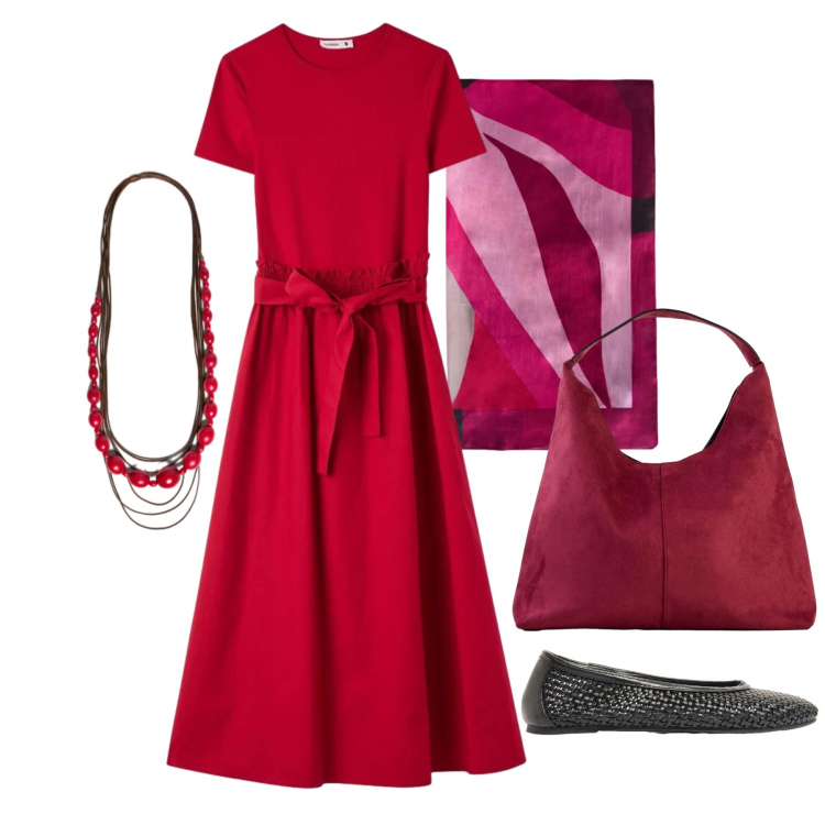 Outfit donna - Aprile. Stile Romantica per Tutti i giorni. Abbinamento con borse a spalla, ballerine, vestiti lunghi, collane, foulard.