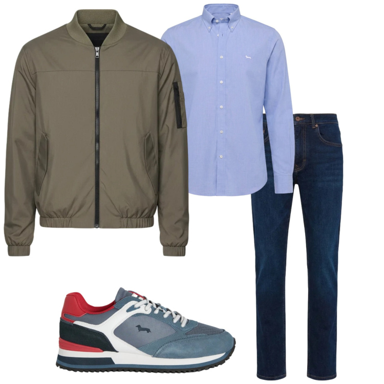 Outfit uomo - Aprile piovoso. Stile Urban per Ufficio. Abbinamento con jeans, camicie, sneakers, bomber.