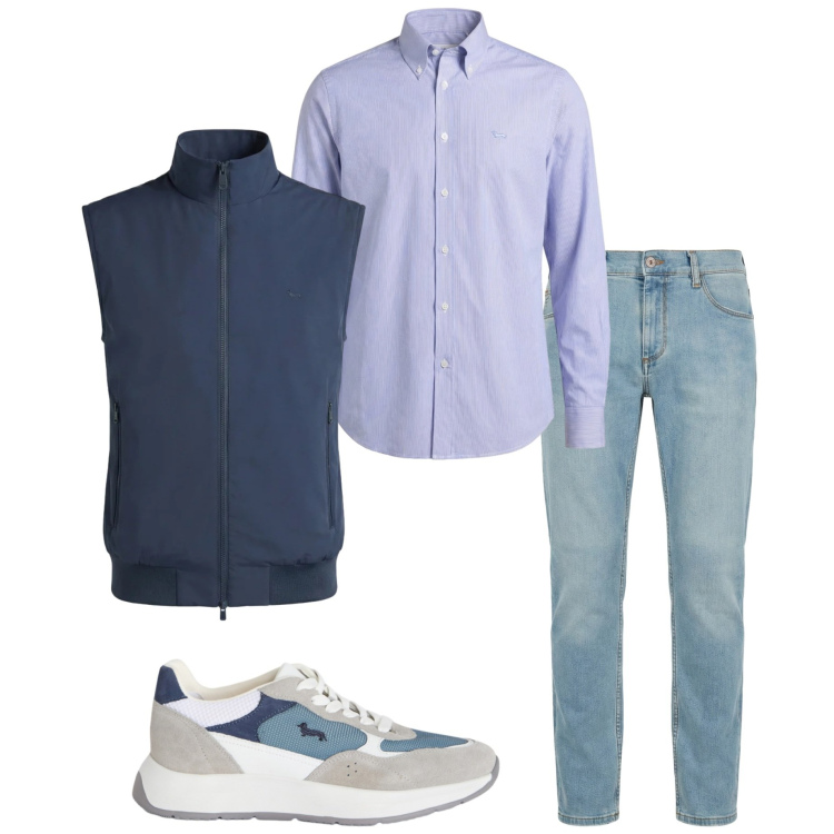 Outfit uomo - Urban primaverile. Stile Urban per Ufficio. Abbinamento con jeans slim fit, sneakers, gilet, camicie.
