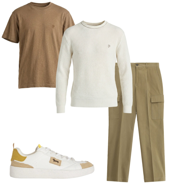 Outfit uomo - Il fresco della sera. Stile Urban per Tutti i giorni. Abbinamento con pantaloni cargo, sneakers, maglieria, t-shirt.