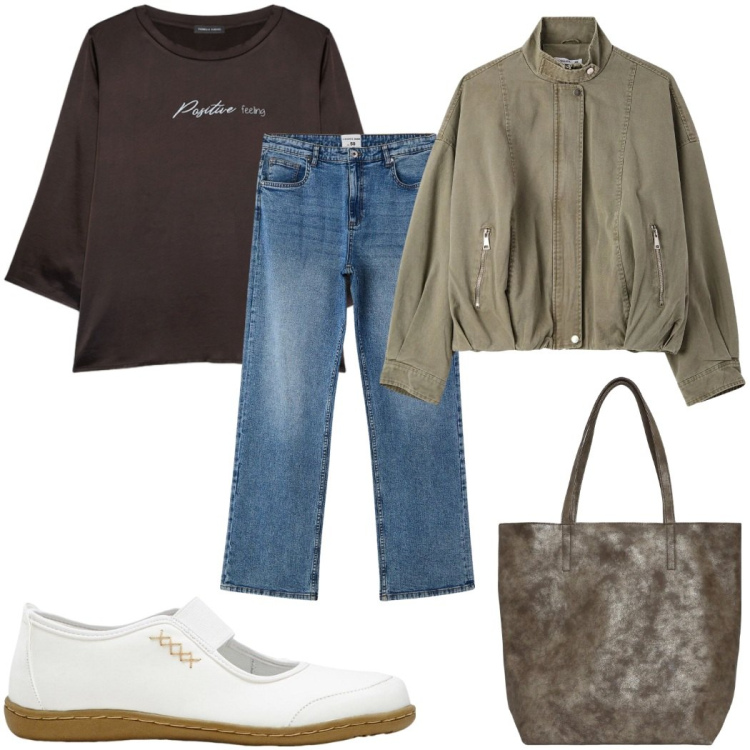 Outfit donna - Total look #2390761. Stile Casual per Tutti i giorni. Abbinamento con ballerine, shopping bag, jeans dritti, bomber, bluse.