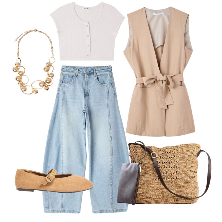 Outfit donna - Aprile. Stile Trendy per Tutti i giorni. Abbinamento con borse a tracolla, ballerine, gilet, top, jeans, collane.