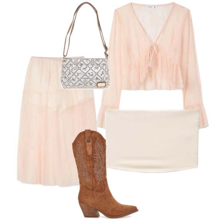 Outfit donna - Romantic west. Abbinamento con gonne longuette, bluse, top, stivali, borse a tracolla.