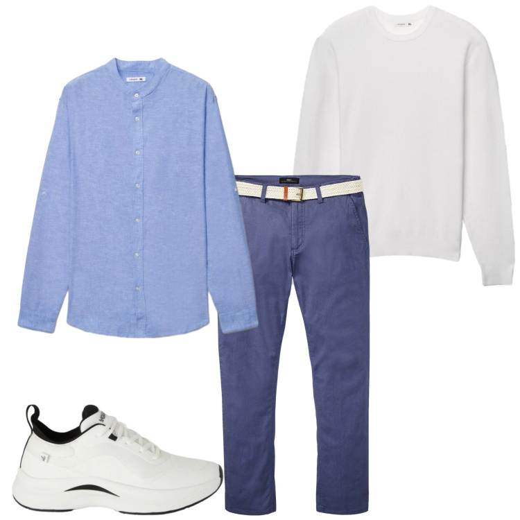 Outfit uomo - In città. Stile Casual per Tutti i giorni. Abbinamento con pantaloni chino, maglieria, camicie, sneakers.