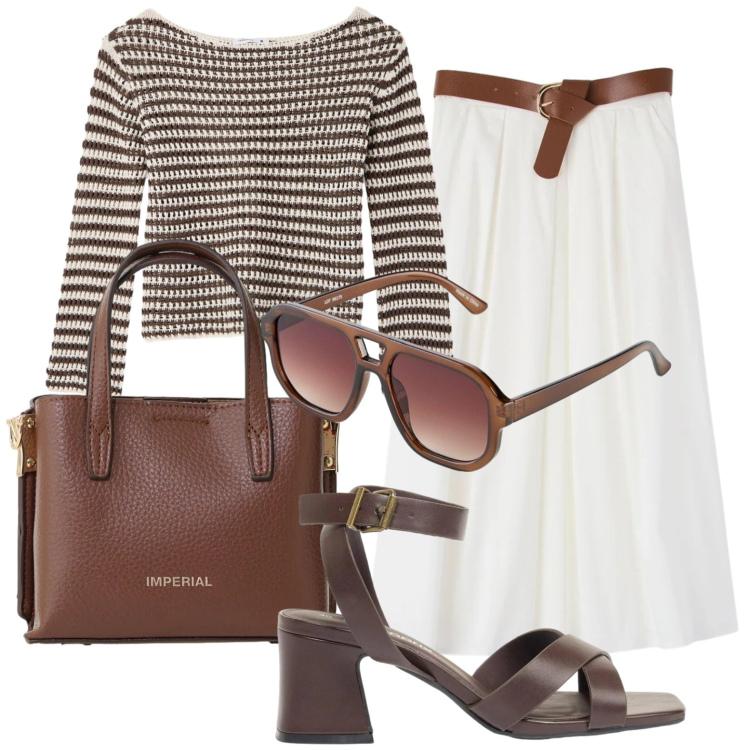 Outfit donna - Panna e cioccolato. Stile Urban per Tutti i giorni. Abbinamento con sandali col tacco, occhiali da sole, maglieria, gonne longuette, borse a tracolla.