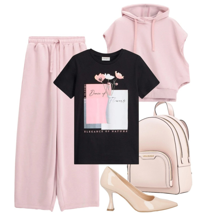 Outfit donna - Total look #2390843. Stile Sporty chic per Tutti i giorni. Abbinamento con zaini, décolleté, t-shirt, felpe con cappuccio, pantaloni a palazzo.