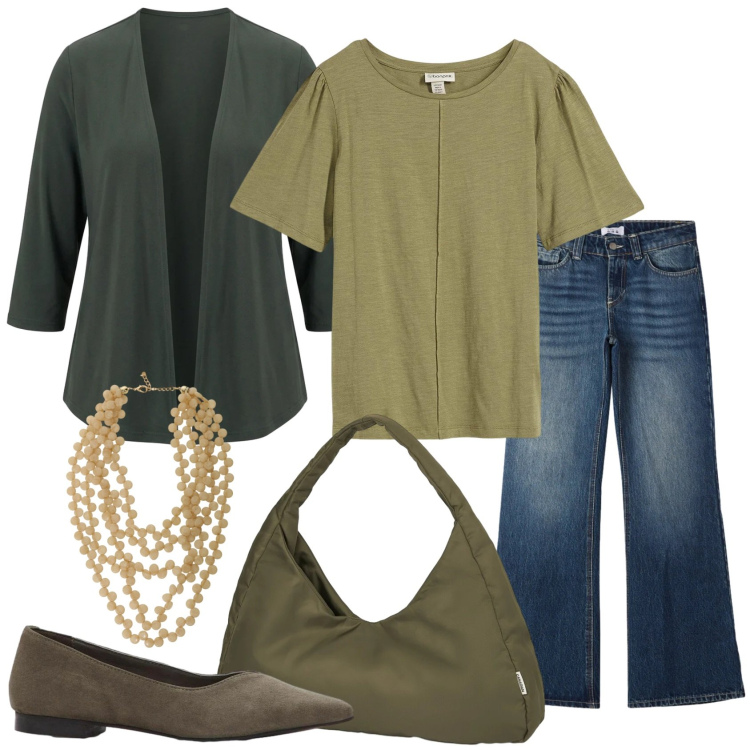 Outfit donna - Maggio che mi metto. Stile Trendy per Tutti i giorni. Abbinamento con t-shirt, ballerine, jeans, collane, blazer, borse a spalla.