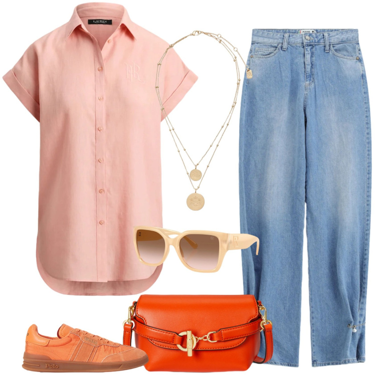 Outfit donna - Tutto il giorno deliziosa. Stile Casual per Tutti i giorni. Abbinamento con jeans, ciondoli, occhiali da sole, borse a tracolla, sneakers, camicie a manica corta.