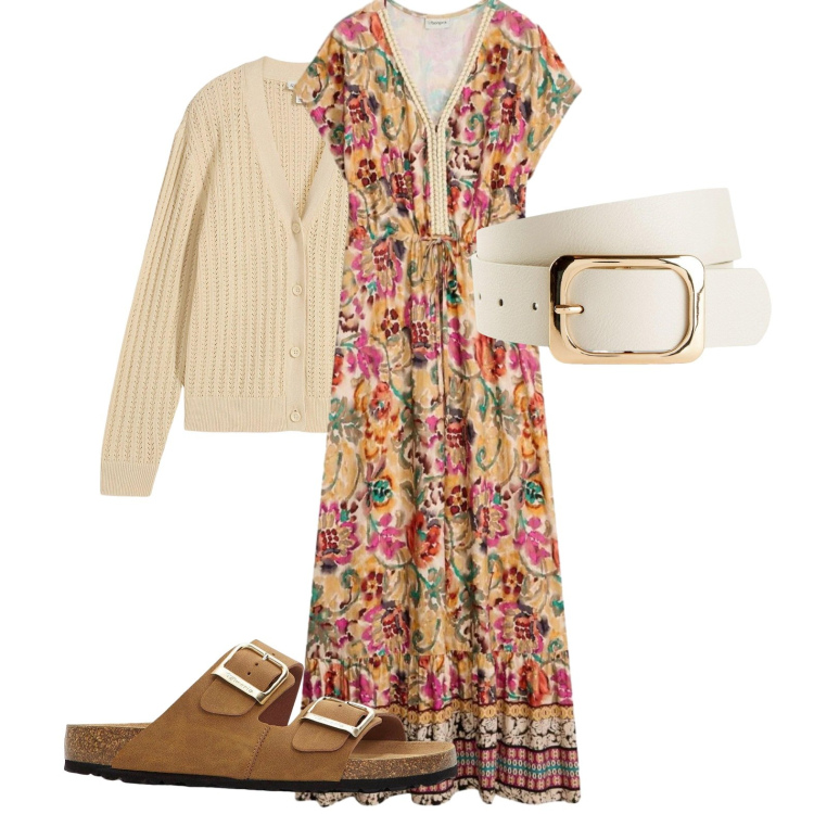 Outfit donna - Fiori e sandali. Stile Boho per Tutti i giorni. Abbinamento con ciabatte, cinture, cardigans, vestiti.