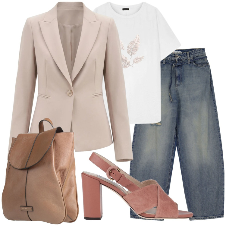 Outfit donna - Total look ufficio. Stile Casual chic per Ufficio. Abbinamento con sandali in pelle, zaini, t-shirt, jeans, blazer.