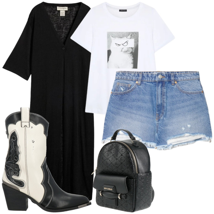 Outfit donna - Cavalcando la giornata. Stile Glamour per Serata fuori. Abbinamento con zaini, stivaletti texani, cardigans, shorts, t-shirt.