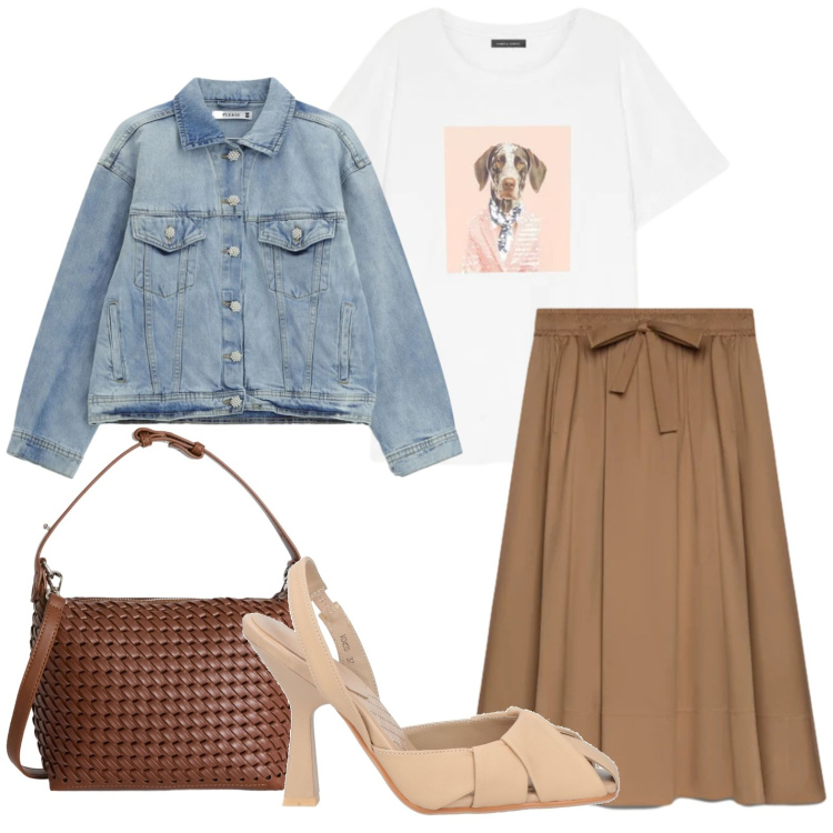 Outfit donna - Total look toni caramello. Stile Urban per Tutti i giorni. Abbinamento con décolleté, t-shirt, gonne lunghe, blazer, borse a spalla.