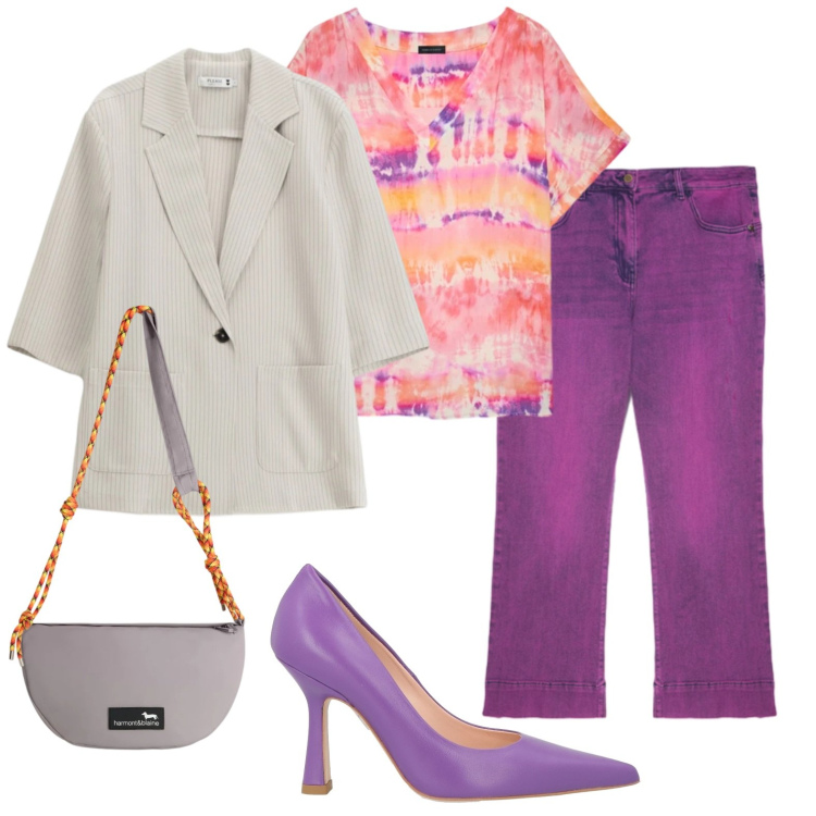 Outfit donna - Casual style in viola. Stile Casual chic per Tutti i giorni. Abbinamento con décolleté, jeans, bluse, blazer, borse a tracolla.