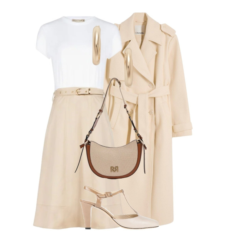Outfit donna - Sobria eleganza. Stile Casual chic per Ufficio. Abbinamento con décolleté, trench, borse a tracolla, vestiti midi/longuette, orecchini.