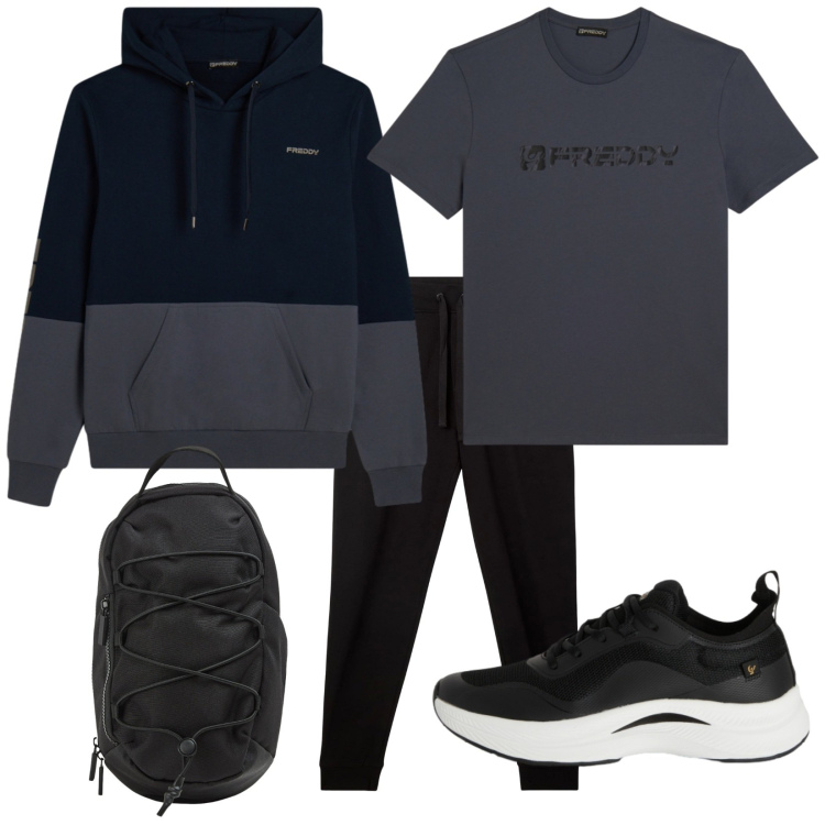 Outfit uomo - Total look #2390874. Stile Casual per Sport. Abbinamento con pantaloni, borse sportive, sneakers, felpe con cappuccio, t-shirt.