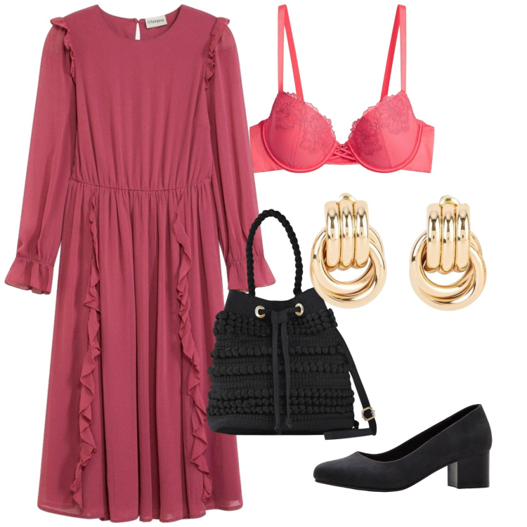 Outfit donna - Boho vibes. Stile Boho per Tutti i giorni. Abbinamento con décolleté, borse a secchiello, vestiti, orecchini, reggiseni.